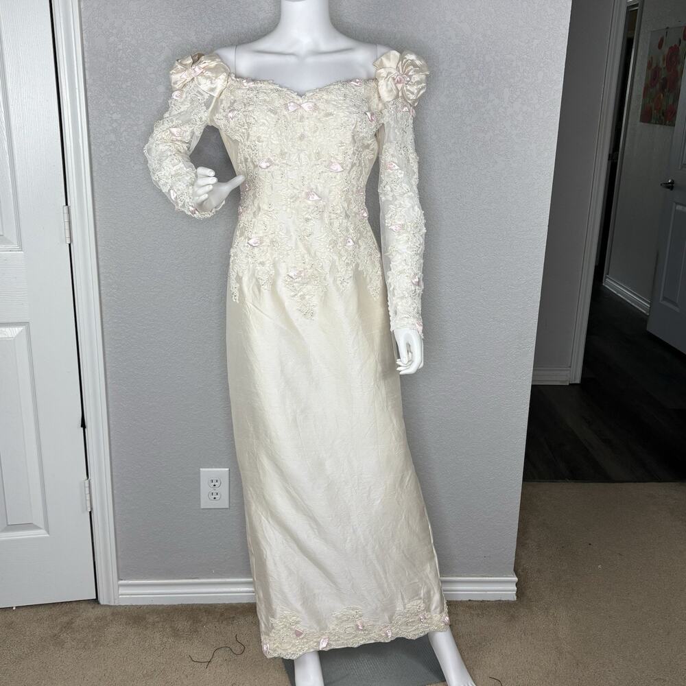 Vtg 80s 90s Moonlight Beaded Lace Wedding Dress Off Shoulder Ivory Pink Sz 14